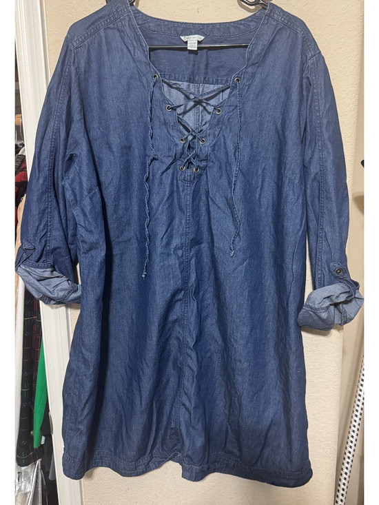 Cato Dresses & Skirts - Cato Chambray Dress Sz 22/24W Dark wash blue Denim Shift Lace up neckline